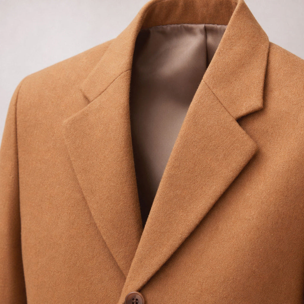 Gernhard | Kurzmantel Einreiher Camel – Stoff- und Detailaufnahme