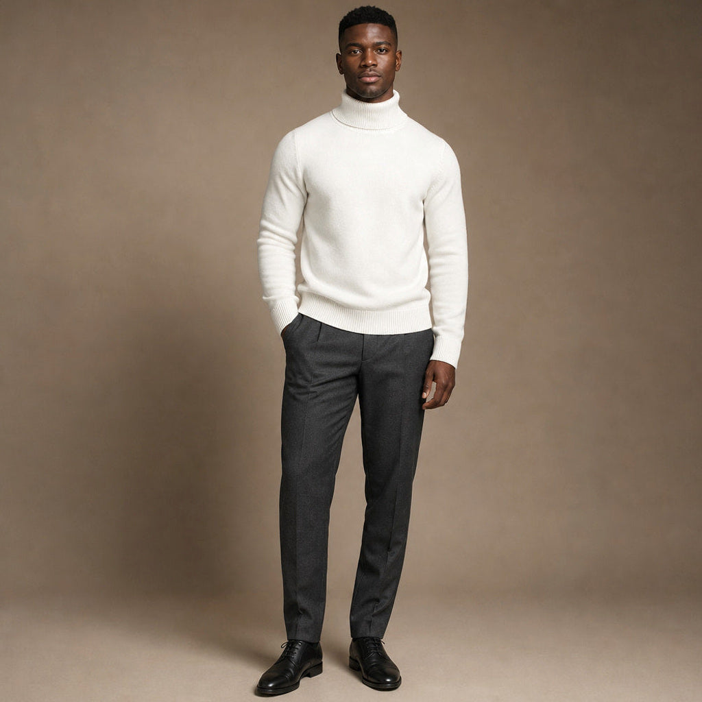 Gernot | Rollkragenpullover Merinowolle Weiß – Gesamtlook