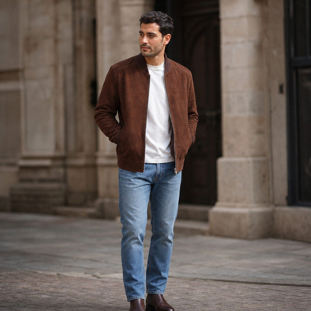 Geromar | Bomberjacke Wildleder Dunkelbraun – Gestyltes Editorial-Foto