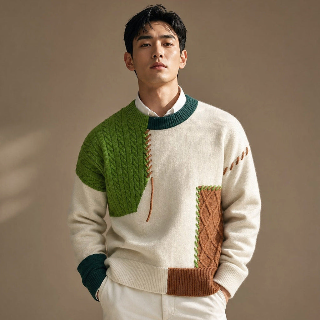 Günter | Strickpullover Color-Blocking Rundhals in Grün – Premium Editorial