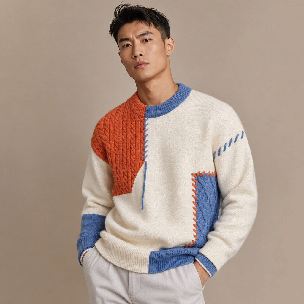 Günter | Strickpullover Color-Blocking Rundhals Orange – Seitenansicht