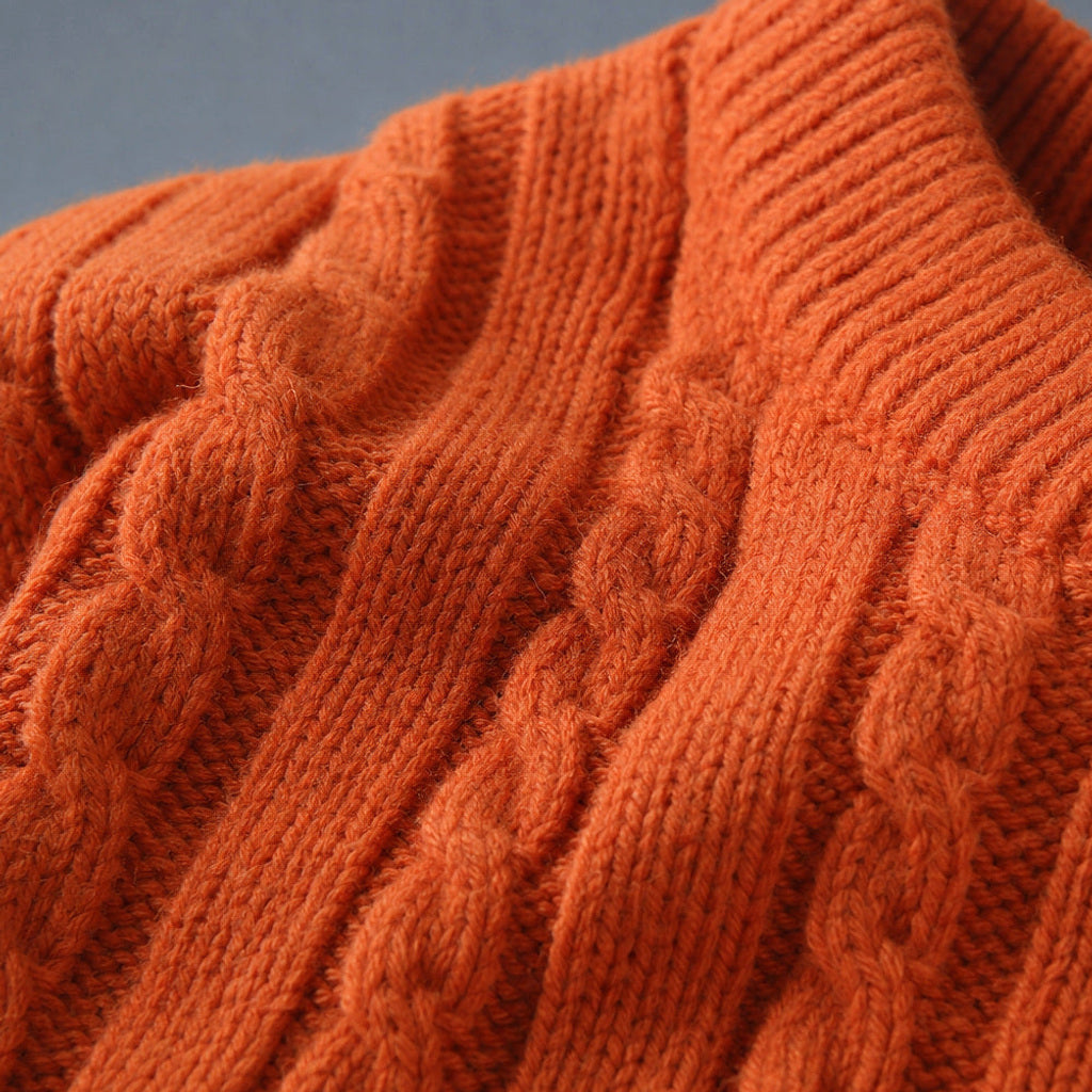 Günter | Strickpullover Color-Blocking Rundhals Orange – Stoff- und Detailaufnahme