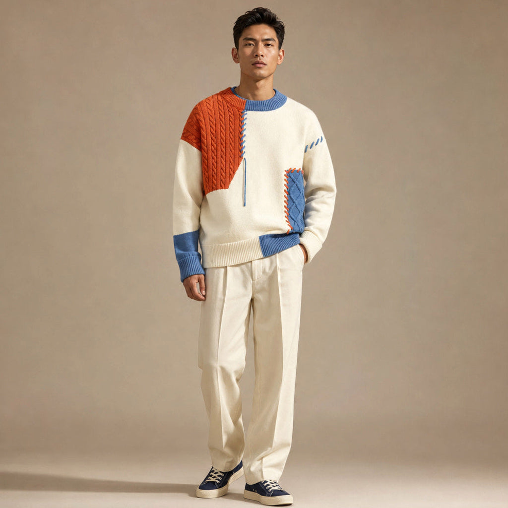 Günter | Strickpullover Color-Blocking Rundhals Orange – Gesamtlook