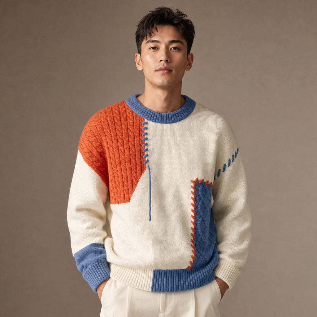 Günter | Strickpullover Color-Blocking Rundhals in Orange – Premium Editorial