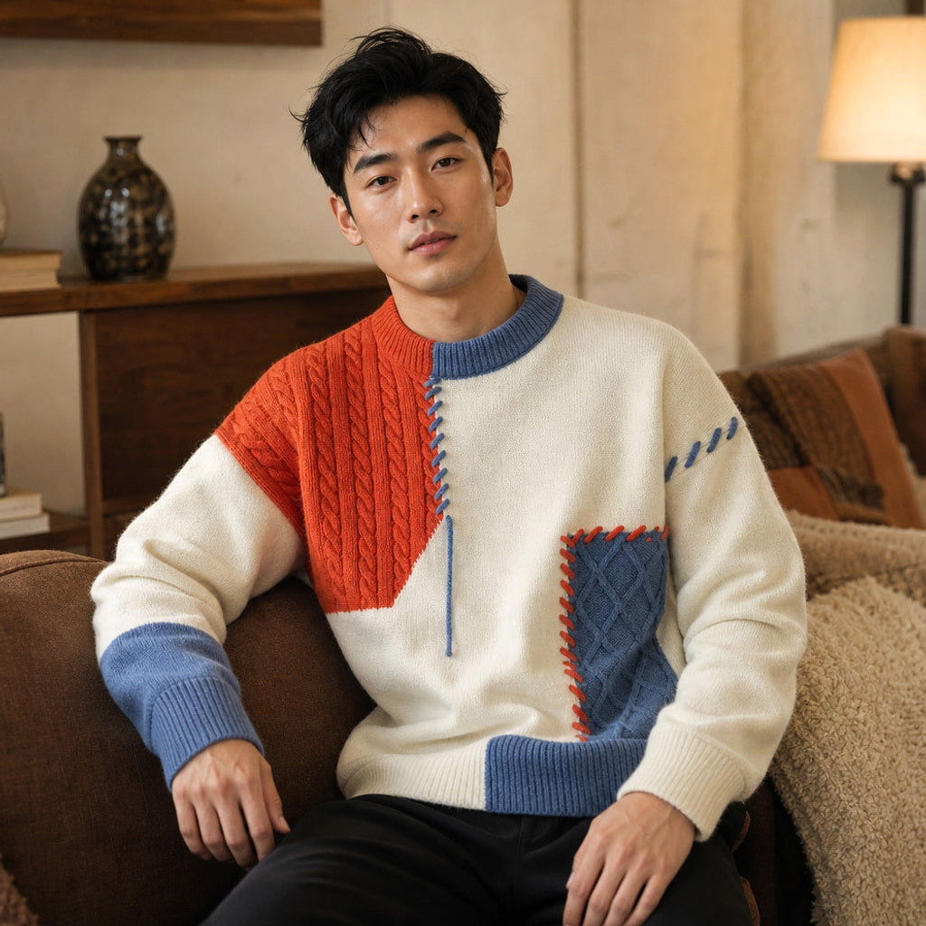 Günter | Strickpullover Color-Blocking Rundhals Orange – Gestyltes Editorial-Foto