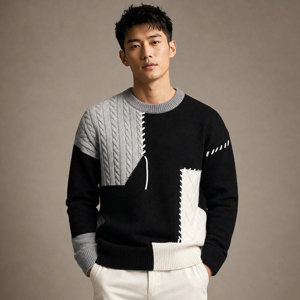 Günter | Strickpullover Color-Blocking Rundhals in Schwarz – Premium Editorial