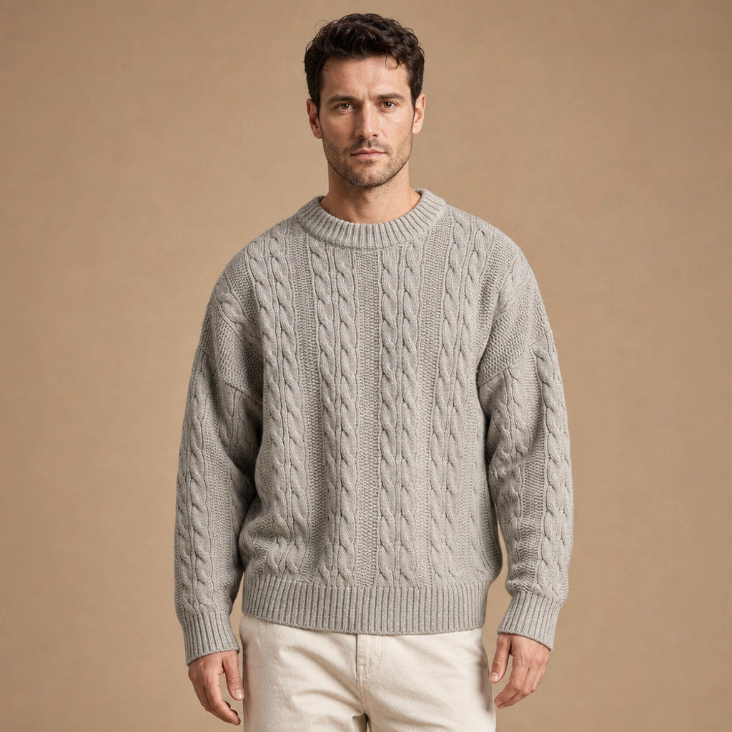 Guntram | Zopfstrick-Pullover Grobstrick in Grau – Premium Editorial