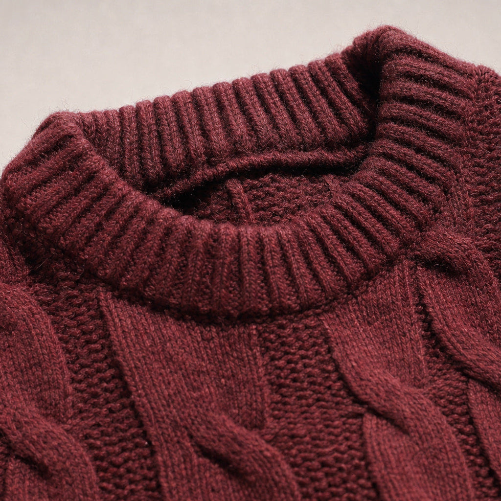 Guntram | Zopfstrick-Pullover Grobstrick Bordeaux – Stoff- und Detailaufnahme