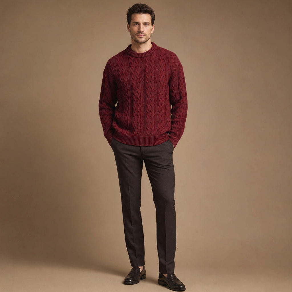 Guntram | Zopfstrick-Pullover Grobstrick Bordeaux – Gesamtlook