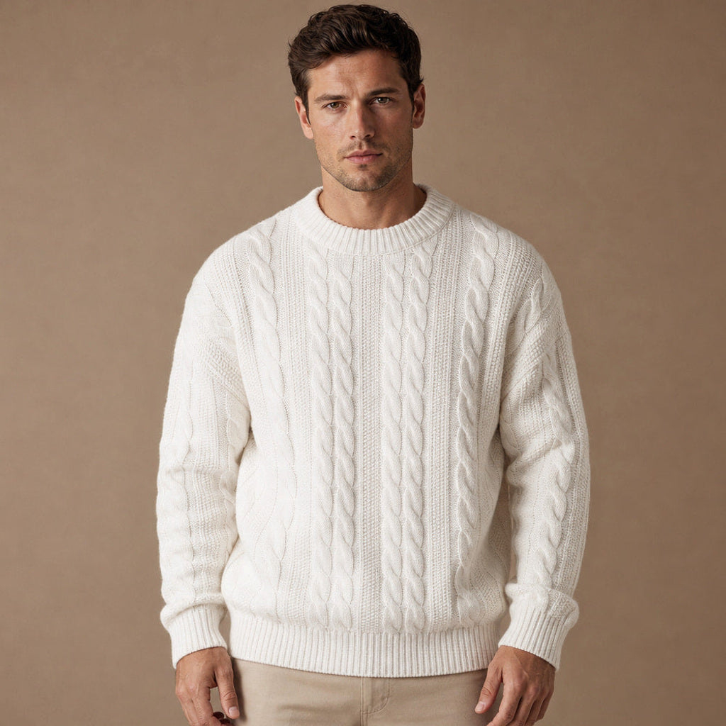 Guntram | Zopfstrick-Pullover Grobstrick in Weiß – Premium Editorial
