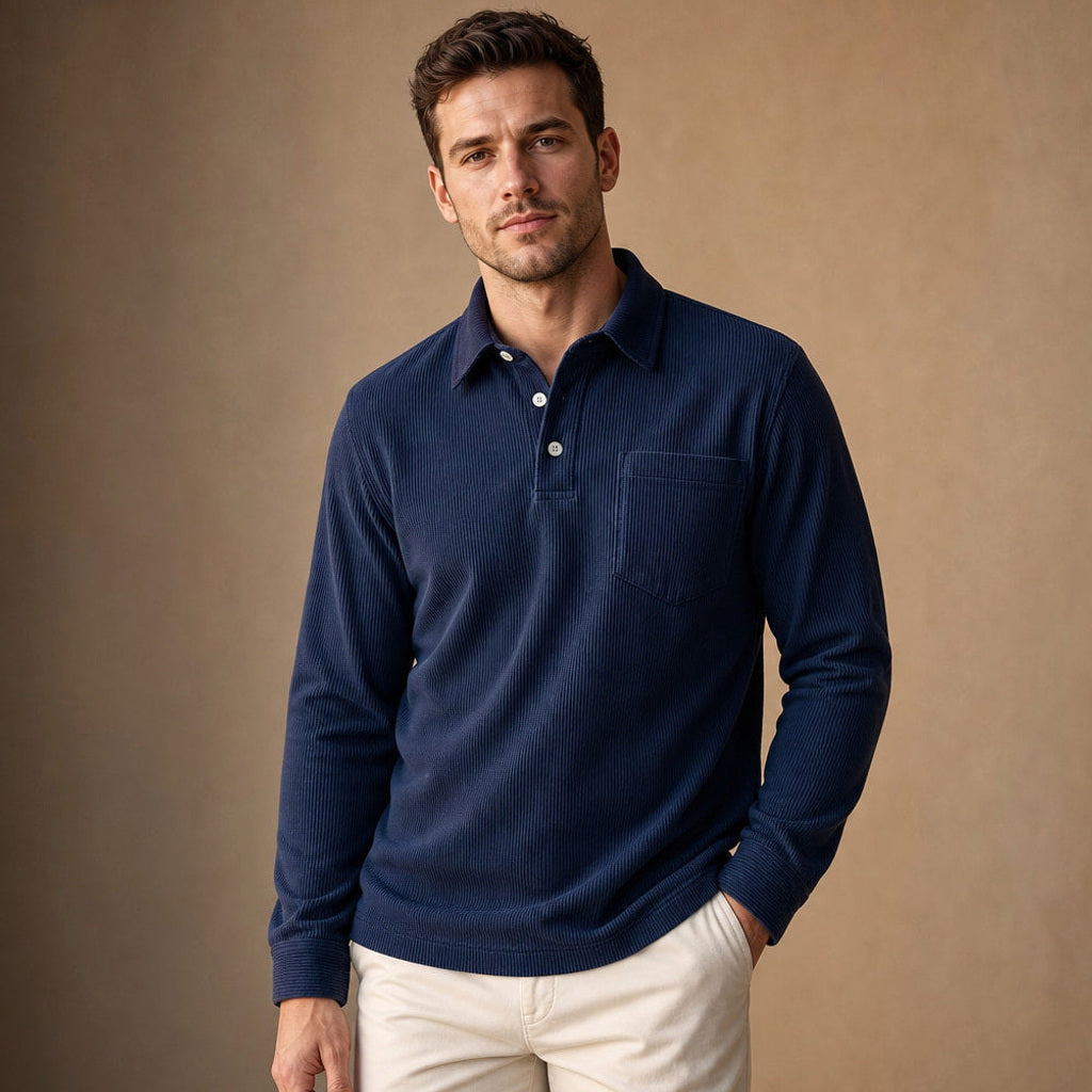 Halvern | Poloshirt Langarm Ripp-Struktur Blau – Produktfoto