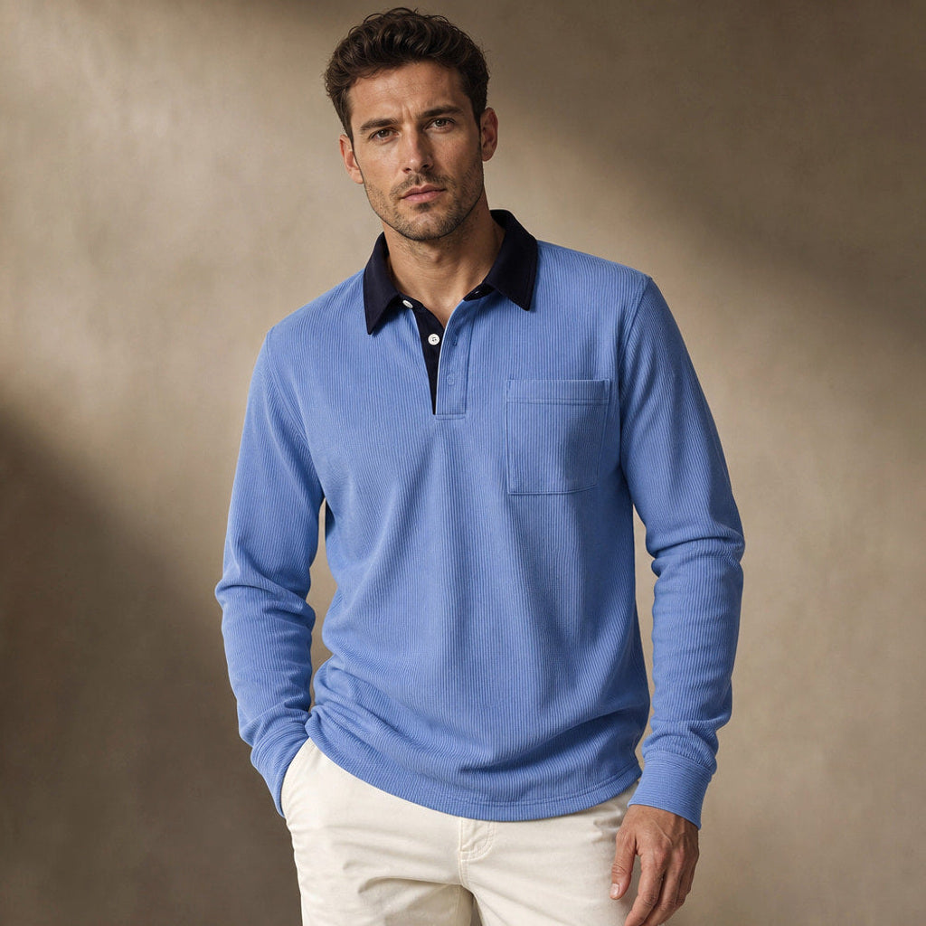 Halvern | Poloshirt Langarm Ripp-Struktur Blau – Produktfoto