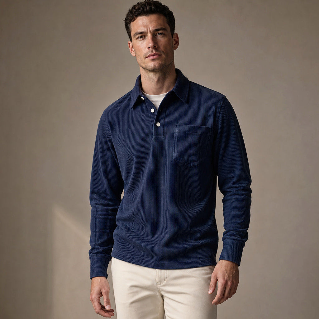 Halvern | Poloshirt Langarm Ripp-Struktur in Blau – Premium Editorial