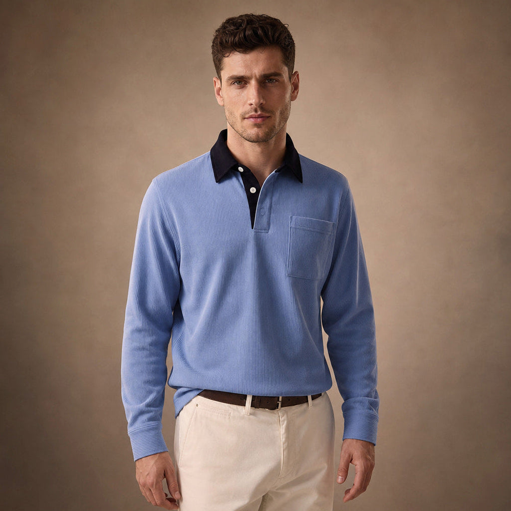 Halvern | Poloshirt Langarm Ripp-Struktur in Blau – Premium Editorial