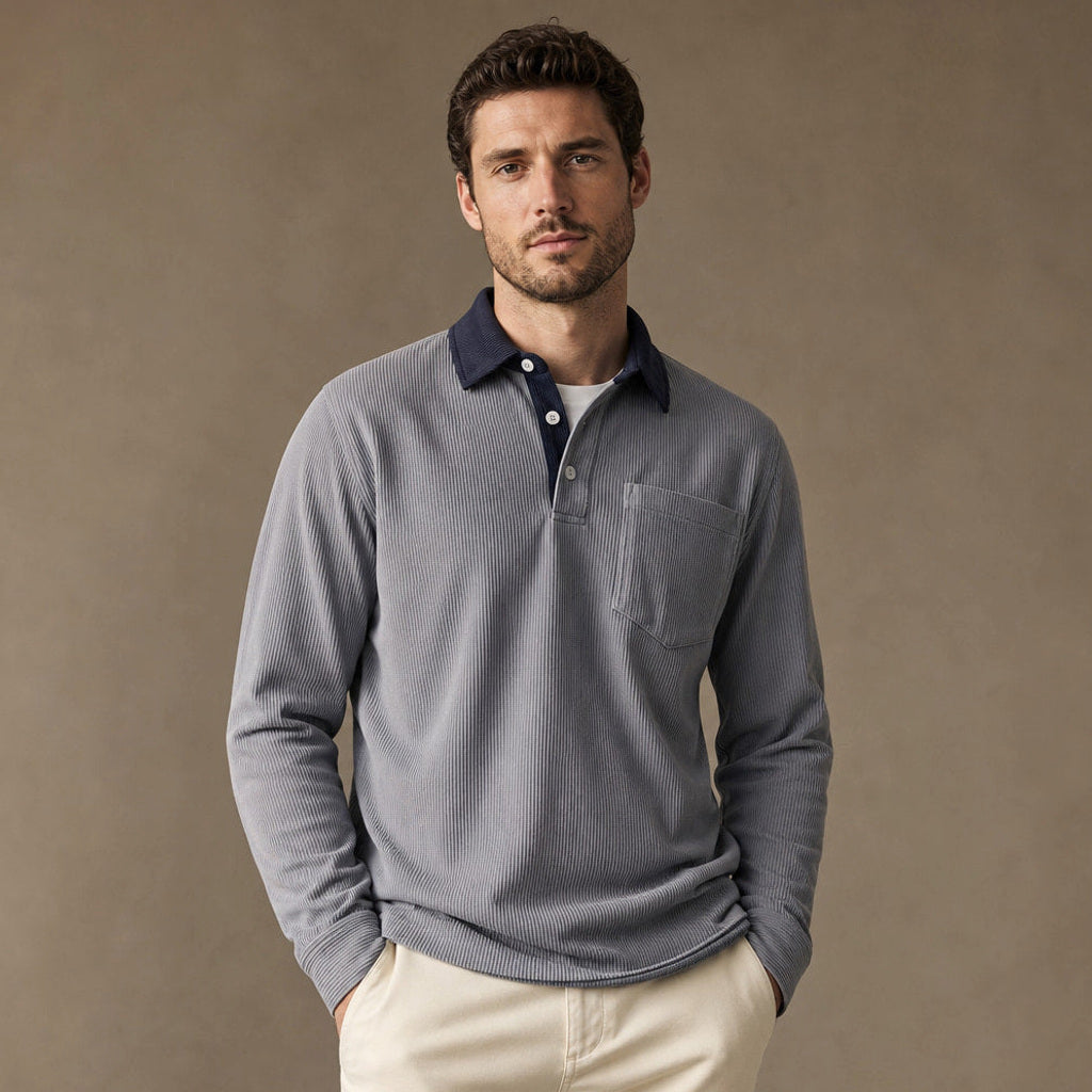 Halvern | Poloshirt Langarm Ripp-Struktur Grau – Produktfoto