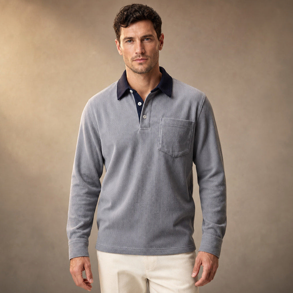 Halvern | Poloshirt Langarm Ripp-Struktur in Grau – Premium Editorial