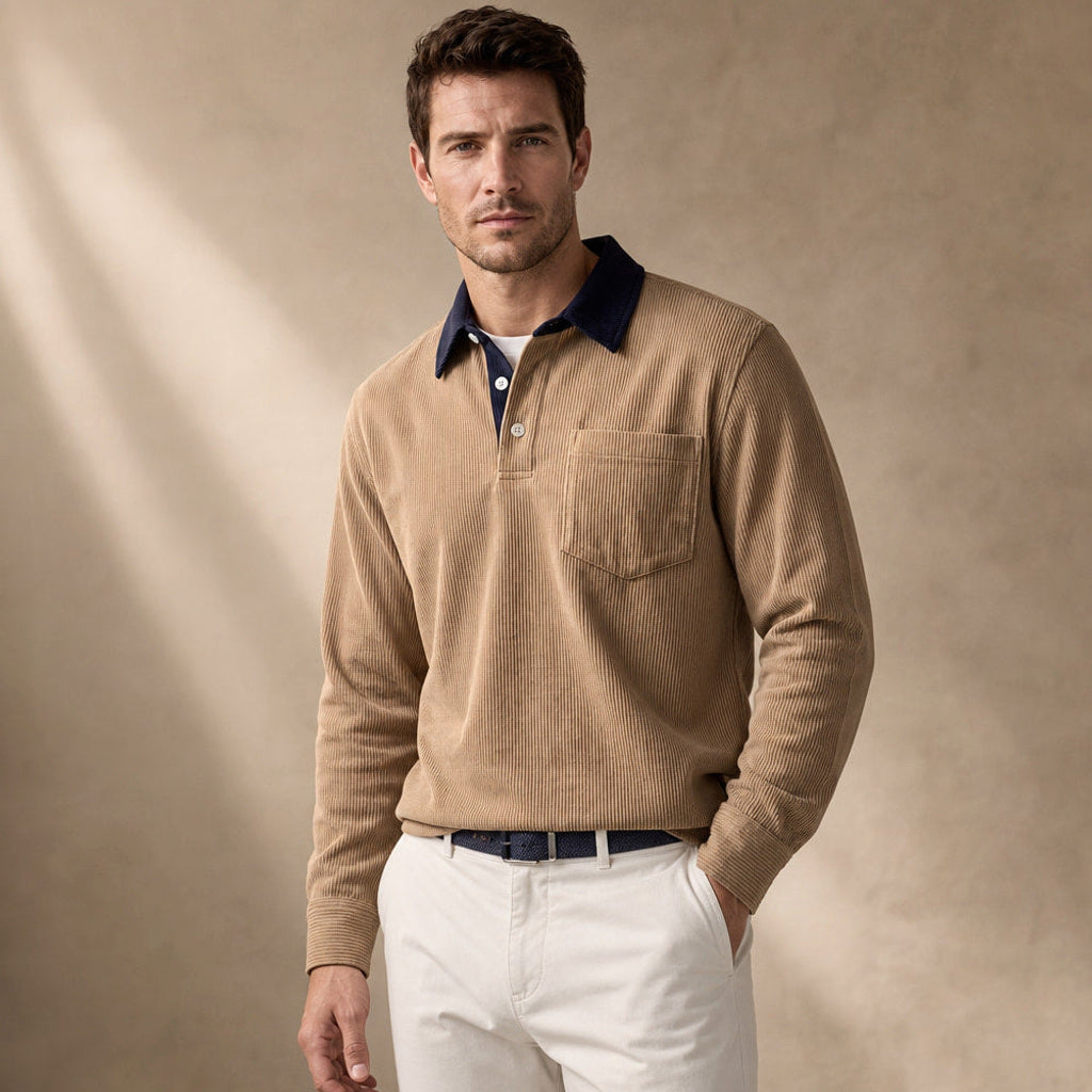 Halvern | Poloshirt Langarm Ripp-Struktur Khaki – Produktfoto
