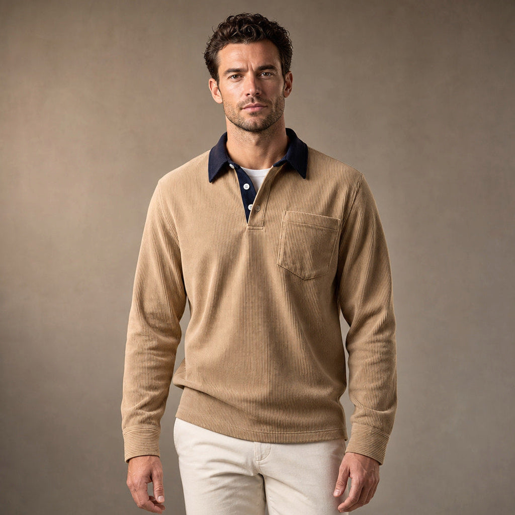 Halvern | Poloshirt Langarm Ripp-Struktur in Khaki – Premium Editorial