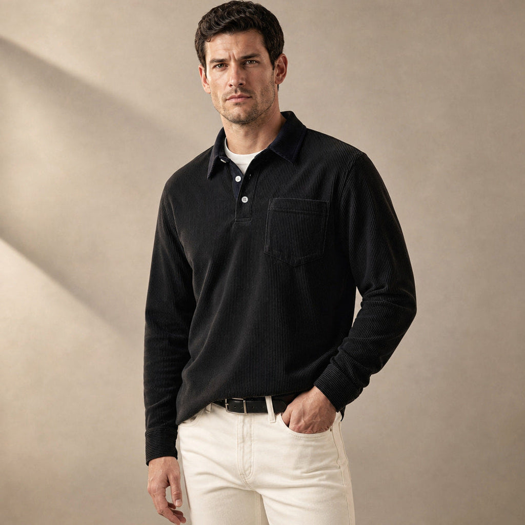Halvern | Poloshirt Langarm Ripp-Struktur Schwarz – Seitenansicht