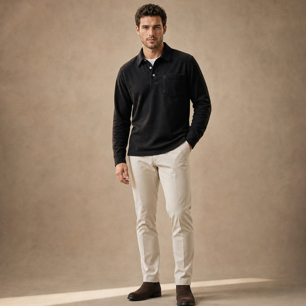 Halvern | Poloshirt Langarm Ripp-Struktur Schwarz – Gesamtlook