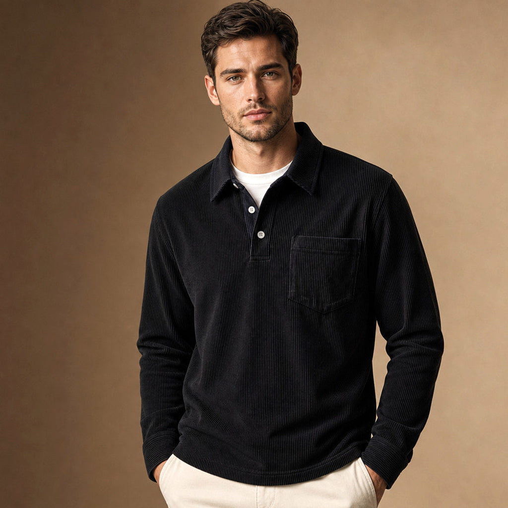 Halvern | Poloshirt Langarm Ripp-Struktur Schwarz – Produktfoto