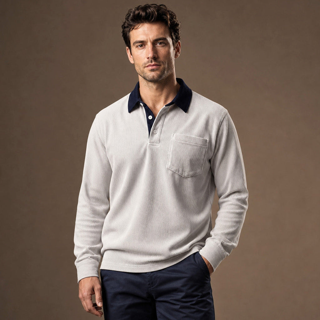 Halvern | Poloshirt Langarm Ripp-Struktur Weiß – Produktfoto