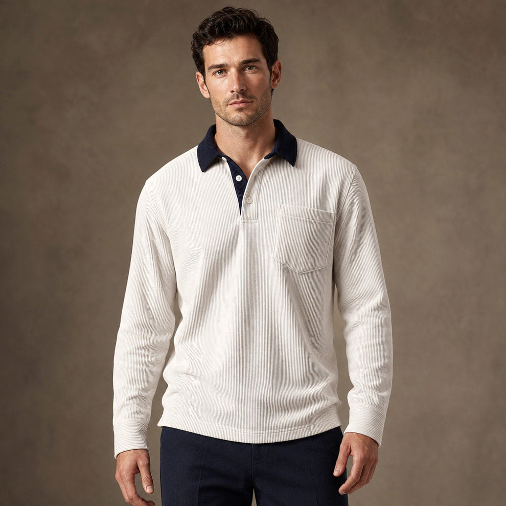 Halvern | Poloshirt Langarm Ripp-Struktur in Weiß – Premium Editorial