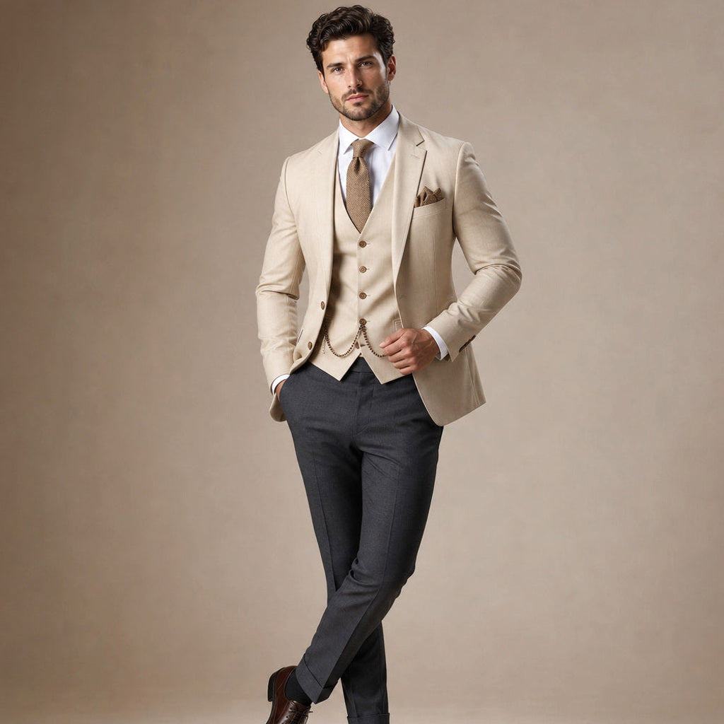 Hartwin | Anzug Dreiteilig Luftgewebe Beige – Seitenansicht
