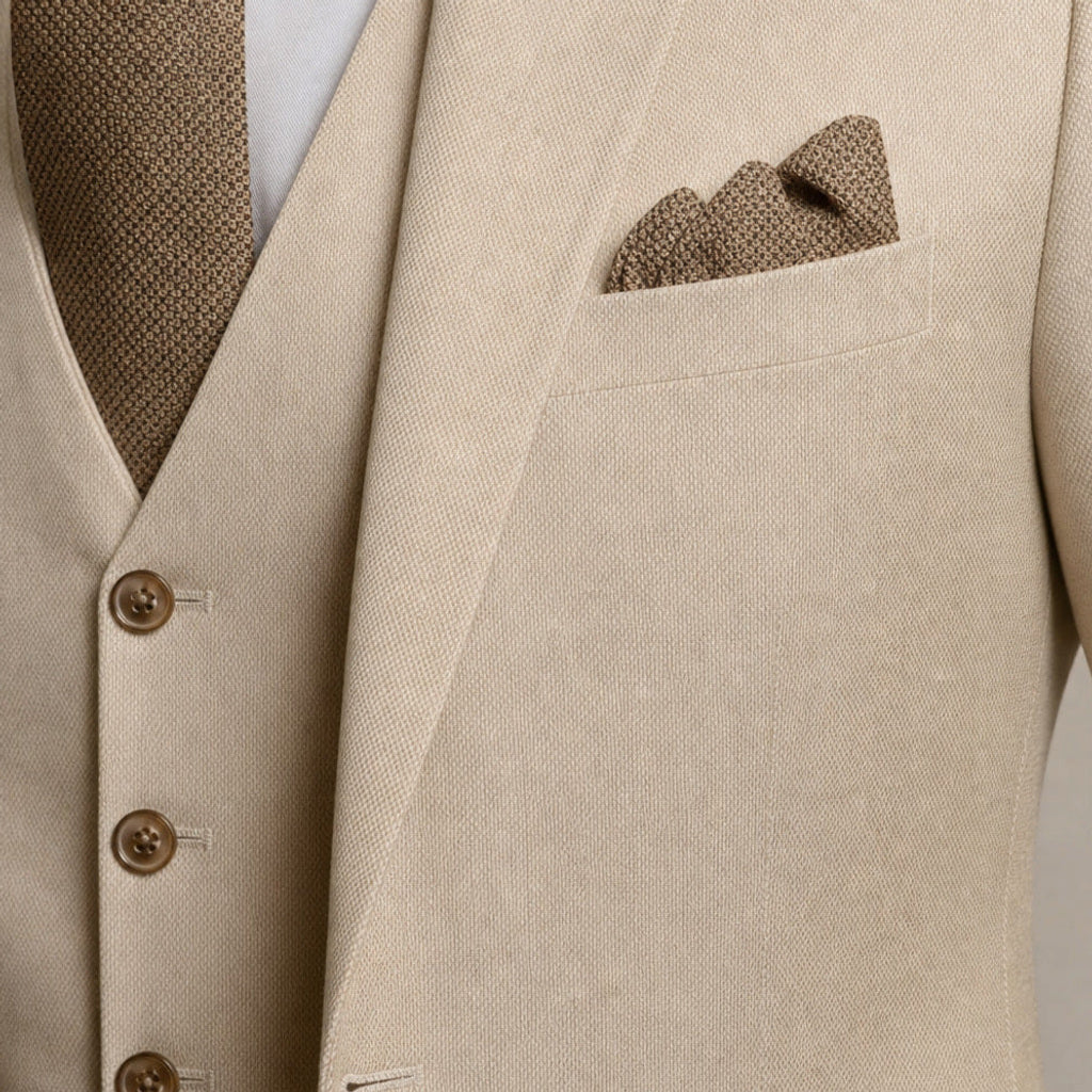 Hartwin | Anzug Dreiteilig Luftgewebe Beige – Stoff- und Detailaufnahme