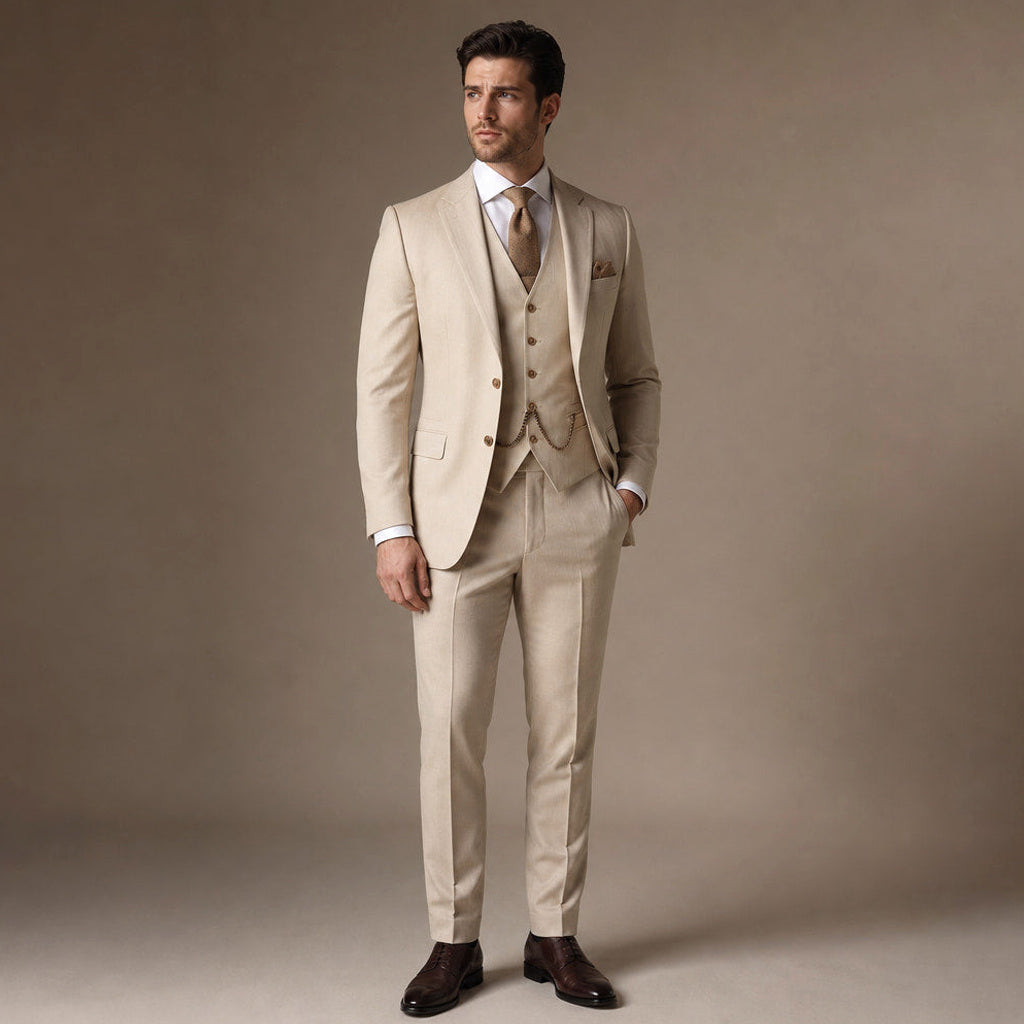 Hartwin | Anzug Dreiteilig Luftgewebe Beige – Gesamtlook