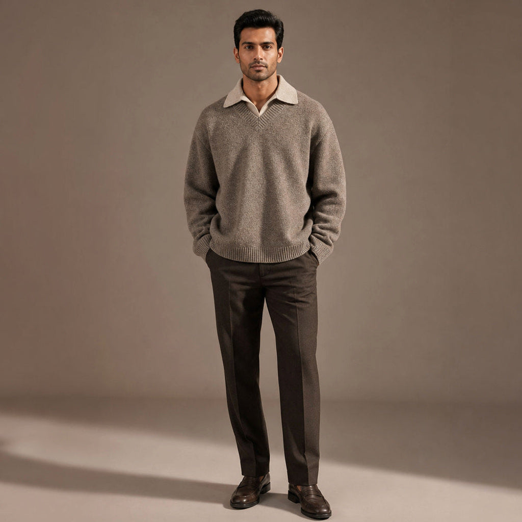 Ingmar | Pullover über Hemd mit V-Ausschnitt Taupe – Gesamtlook