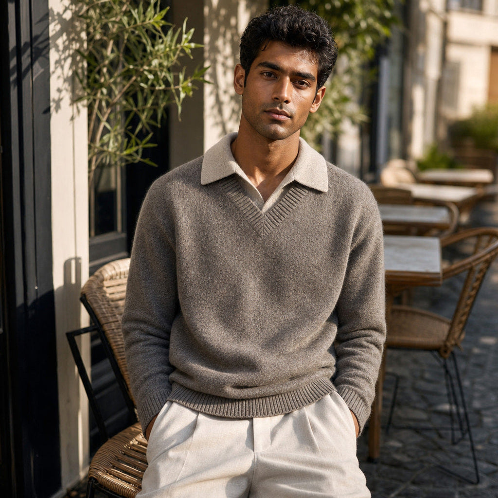 Ingmar | Pullover über Hemd mit V-Ausschnitt Taupe – Gestyltes Editorial-Foto