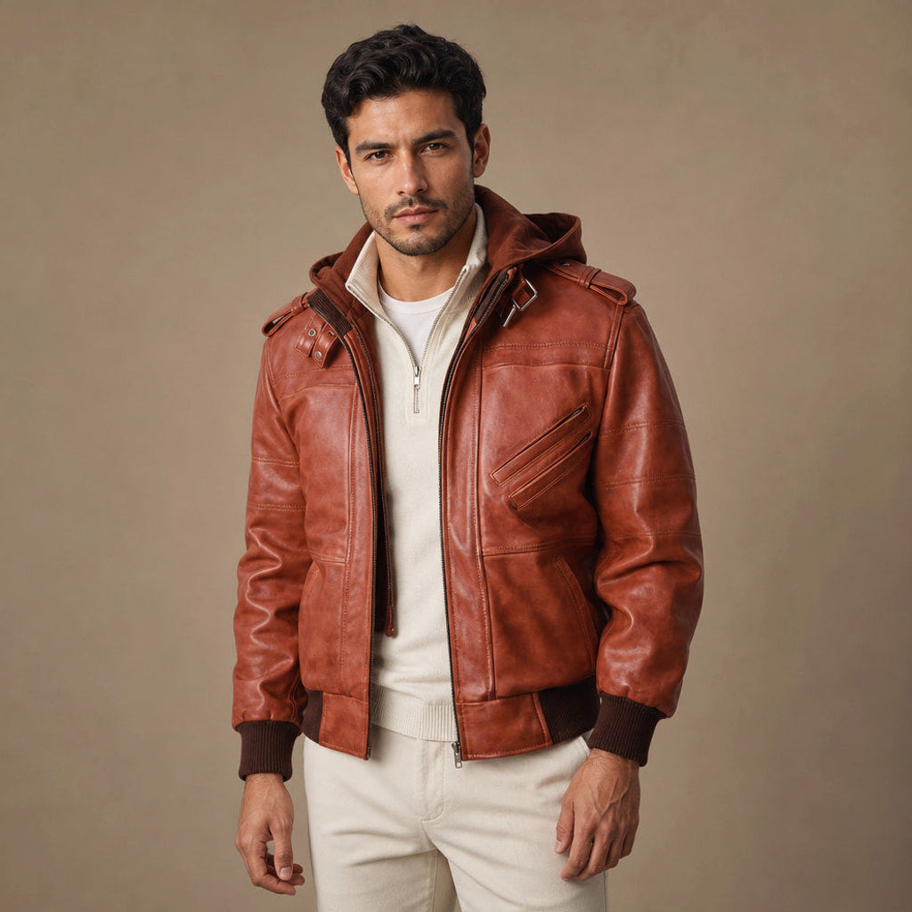 Ingo | Lederjacke Abnehmbare Kapuze Braun – Produktfoto