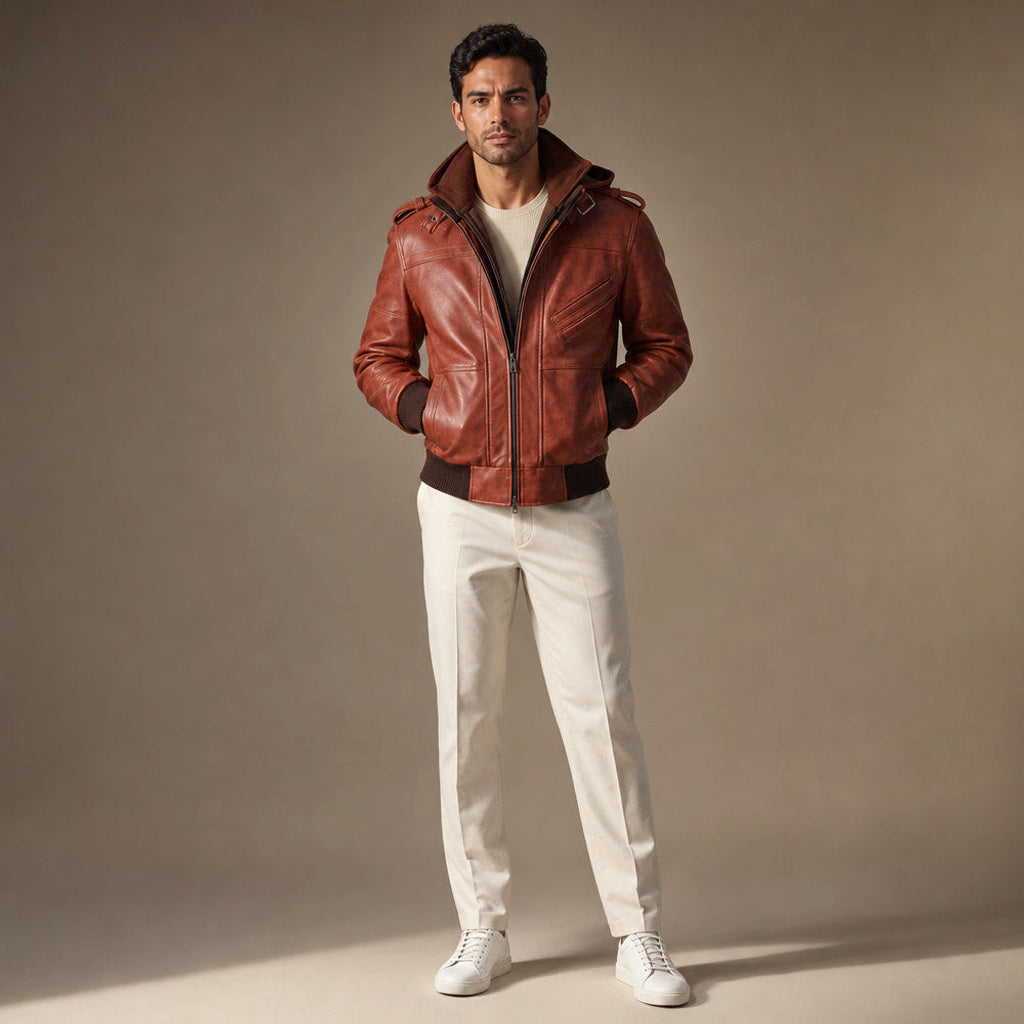 Ingo | Lederjacke Abnehmbare Kapuze Braun – Produktfoto