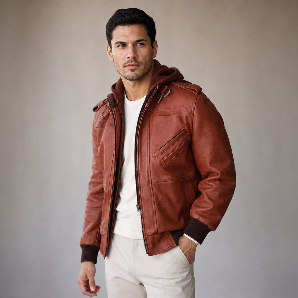 Ingo | Lederjacke Abnehmbare Kapuze Braun – Produktfoto