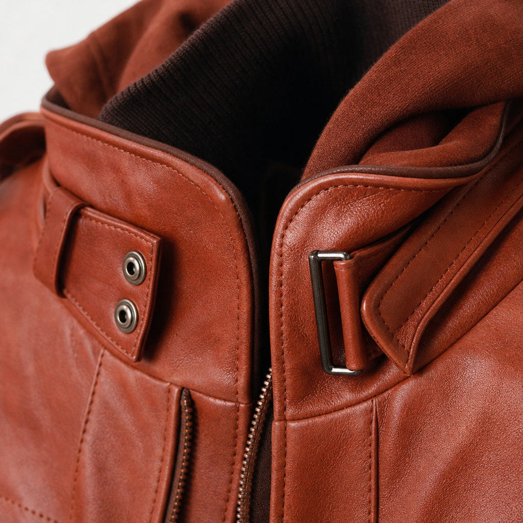 Ingo | Lederjacke Abnehmbare Kapuze Braun Braun – Stoff- und Detailaufnahme