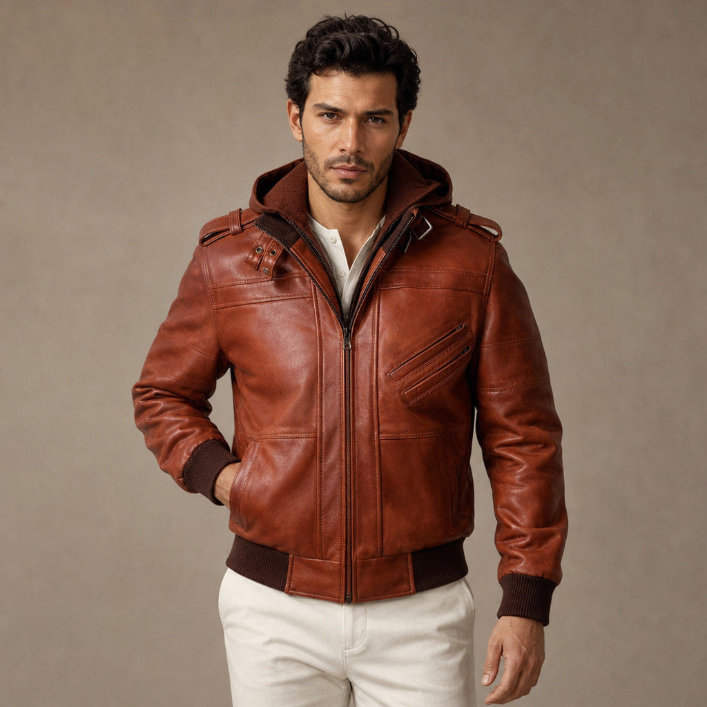 Ingo | Lederjacke Abnehmbare Kapuze Braun – Produktfoto
