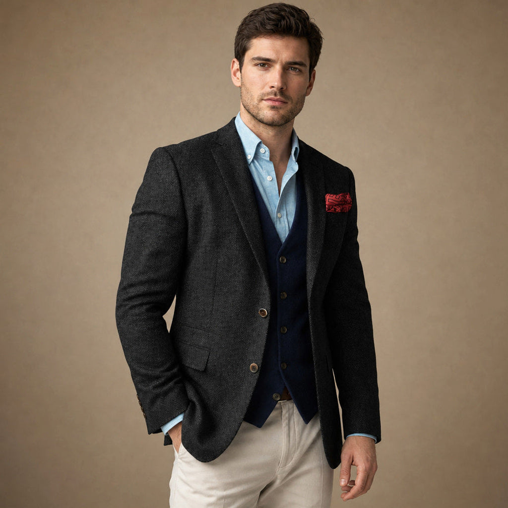 Ivar | Blazer Fischgrat Tailored Fit Schwarz – Seitenansicht