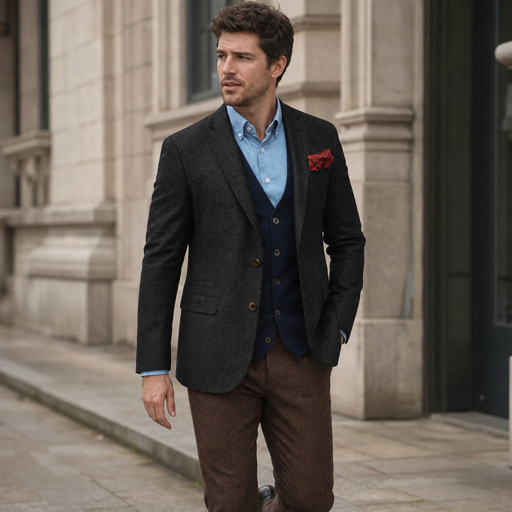 Ivar | Blazer Fischgrat Tailored Fit Schwarz – Gestyltes Editorial-Foto