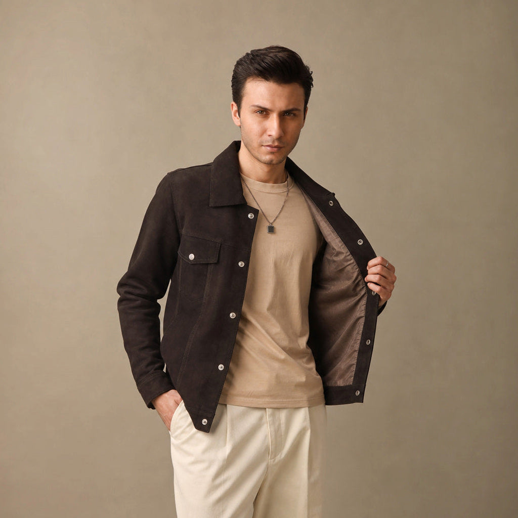 Jochen | Lederjacke Wildleder Braun Braun – Seitenansicht