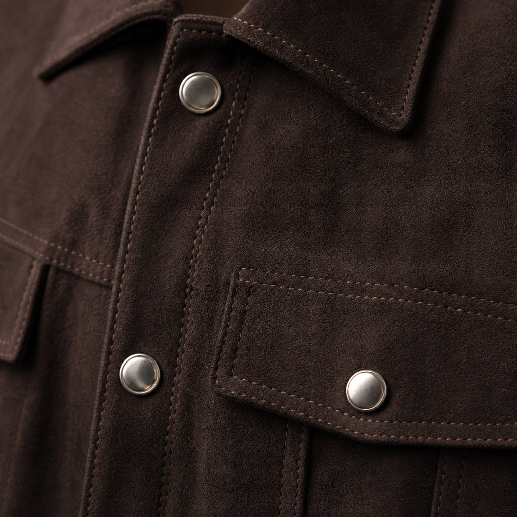 Jochen | Lederjacke Wildleder Braun Braun – Stoff- und Detailaufnahme