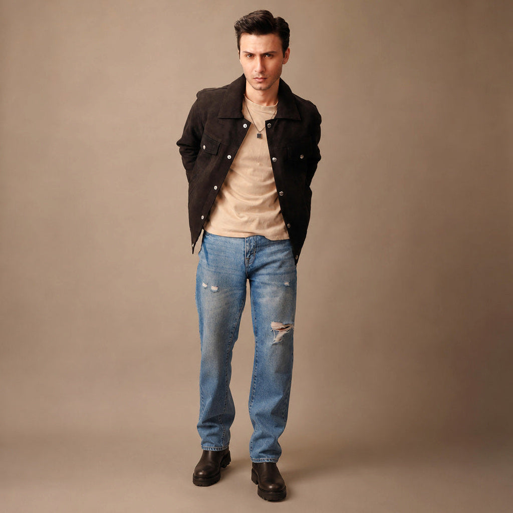Jochen | Lederjacke Wildleder Braun Braun – Gesamtlook