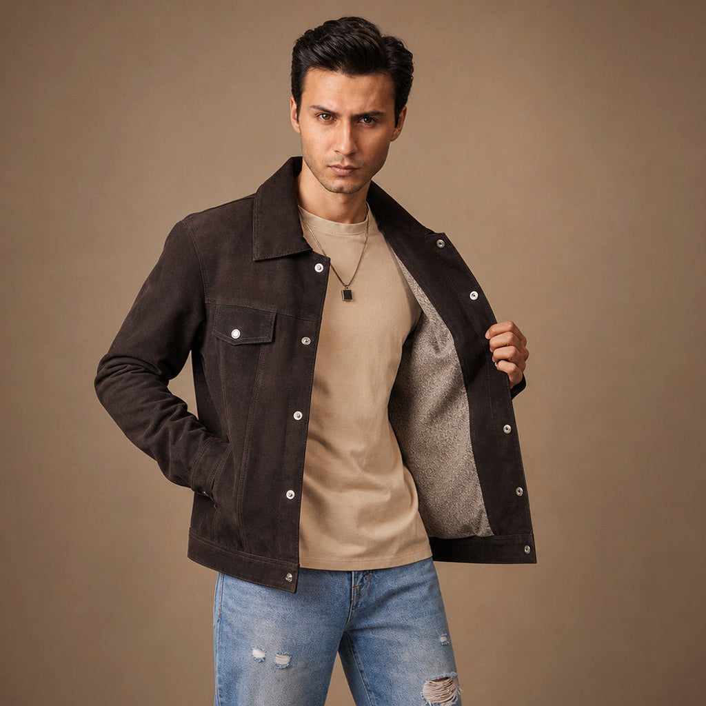 Jochen | Lederjacke Wildleder Braun in Braun – Premium Editorial