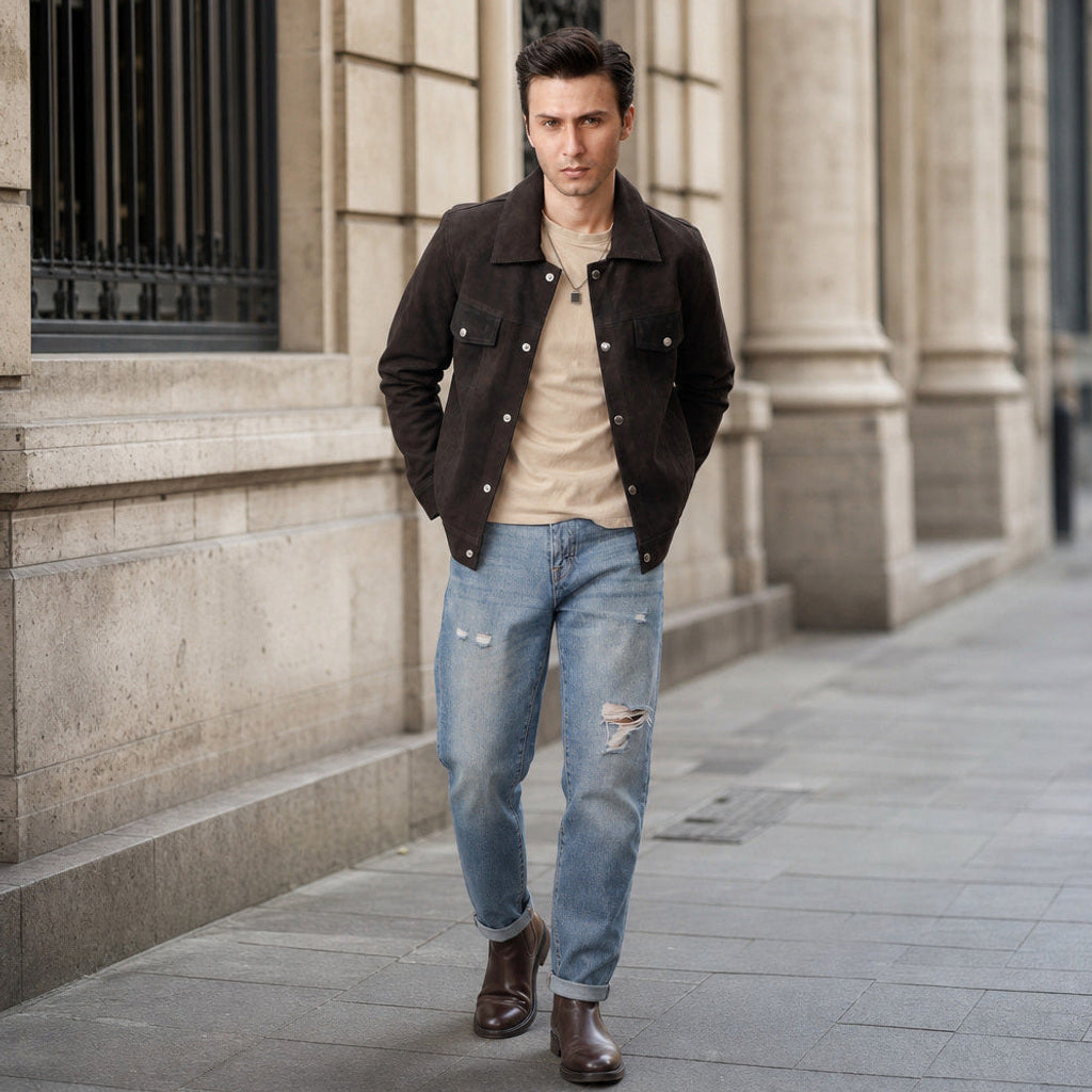 Jochen | Lederjacke Wildleder Braun Braun – Gestyltes Editorial-Foto