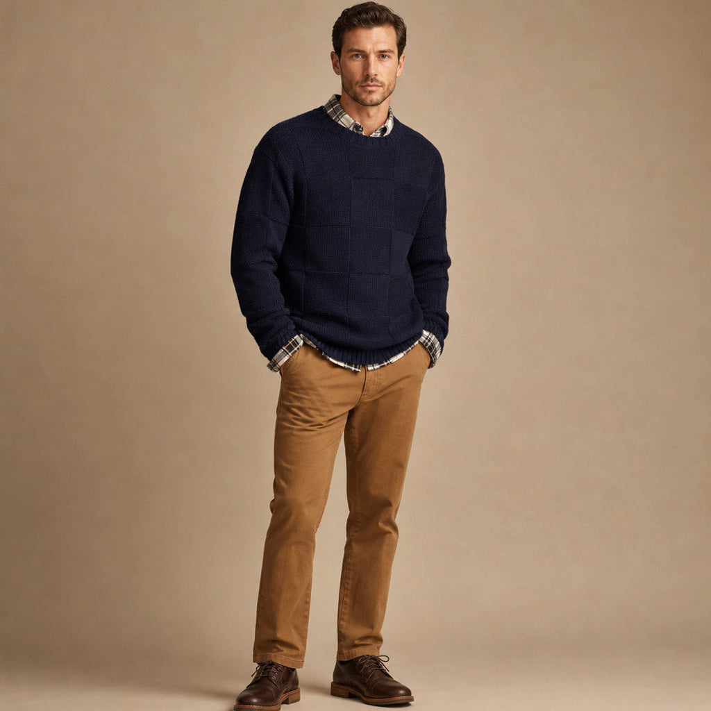 Joost | Strickpullover über Hemd Navy – Seitenansicht