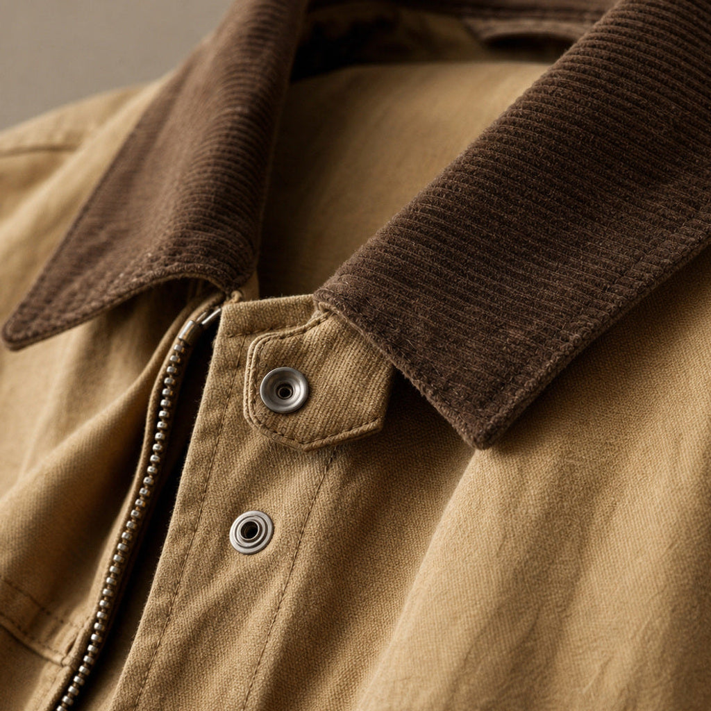 Jorven | Arbeitsjacke Baumwollmischung Relaxed Fit Khaki – Stoff- und Detailaufnahme
