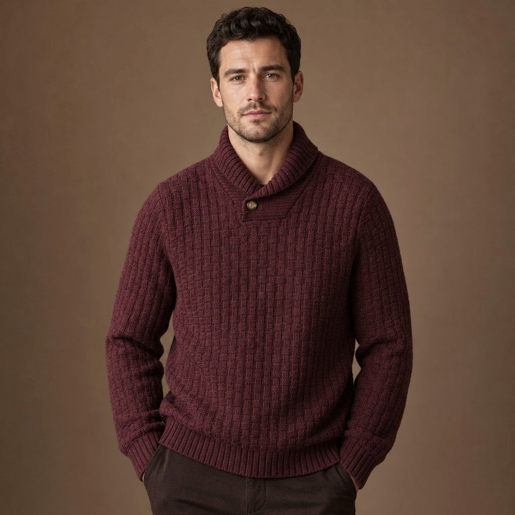 Krispin | Pullover Schalkragen Korbgeflecht-Strick in Bordeaux – Premium Editorial