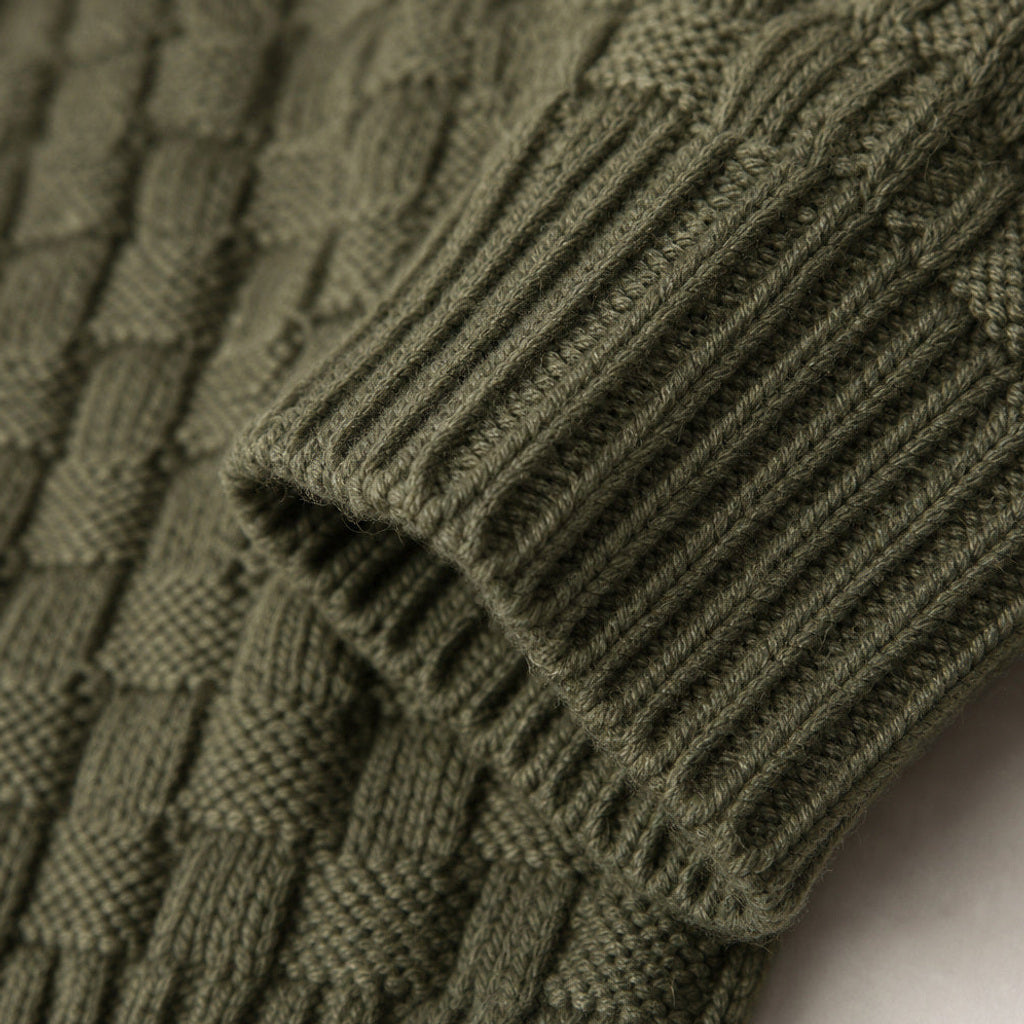 Krispin | Pullover Schalkragen Korbgeflecht-Strick – Stoff- und Detailaufnahme