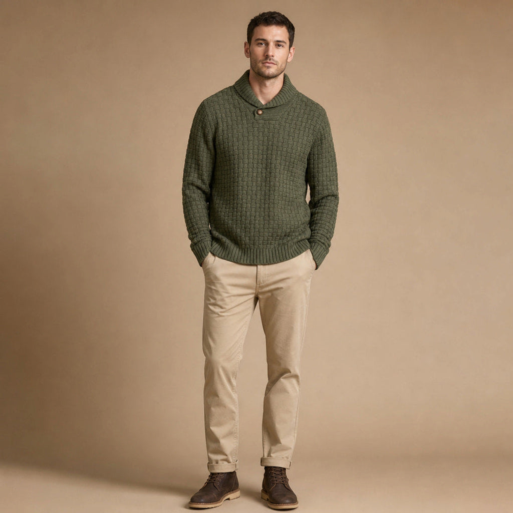 Krispin | Pullover Schalkragen Korbgeflecht-Strick – Gesamtlook
