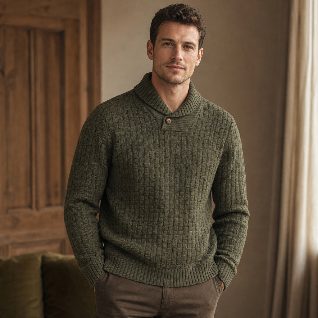 Krispin | Pullover Schalkragen Korbgeflecht-Strick – Gestyltes Editorial-Foto